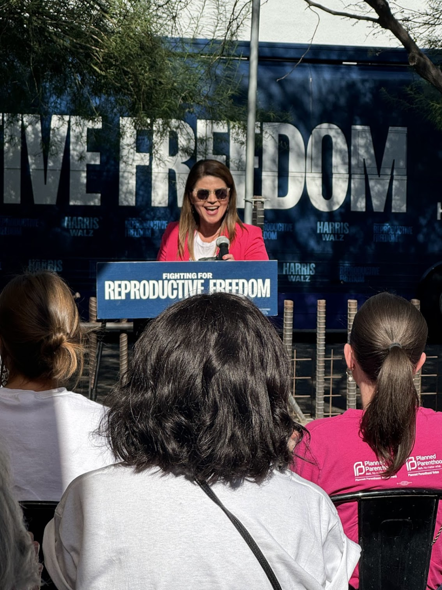 Tucson Mayor Regina Romero delivers a speech to a gathered crowd as part of the Harris-Walz  Reproductive Freedom tour on Oct. 11. Romero emphasized the importance of voter education and community conversations. 