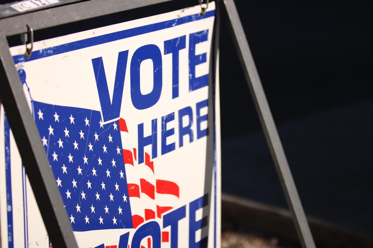 A "Vote here" sign sits outside First United Methodist Church on Nov. 5. Polls opened as early as 6 a.m.