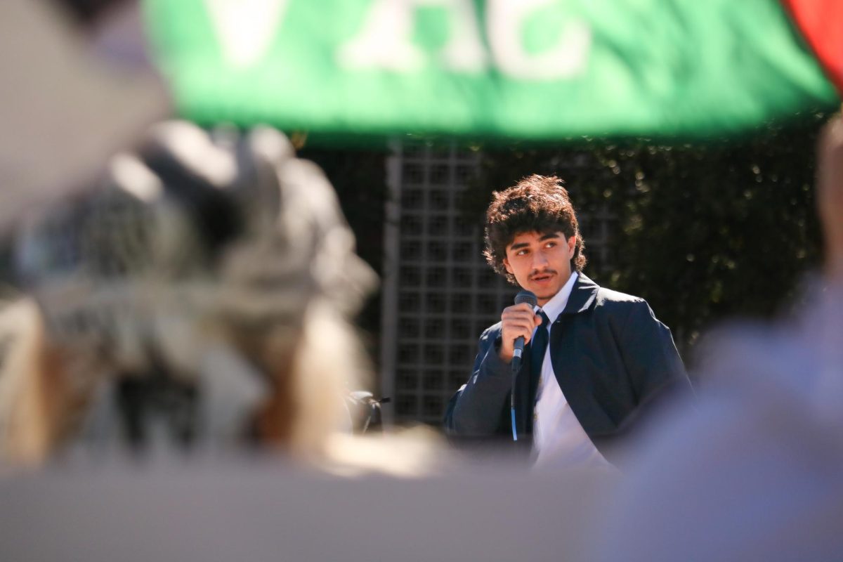 Ahmad Riyad speaks to a crowd of supporters at a walkout for Palestine on the UA Mall Nov. 7. Riyad is the president of Students for Justice in Palestine.