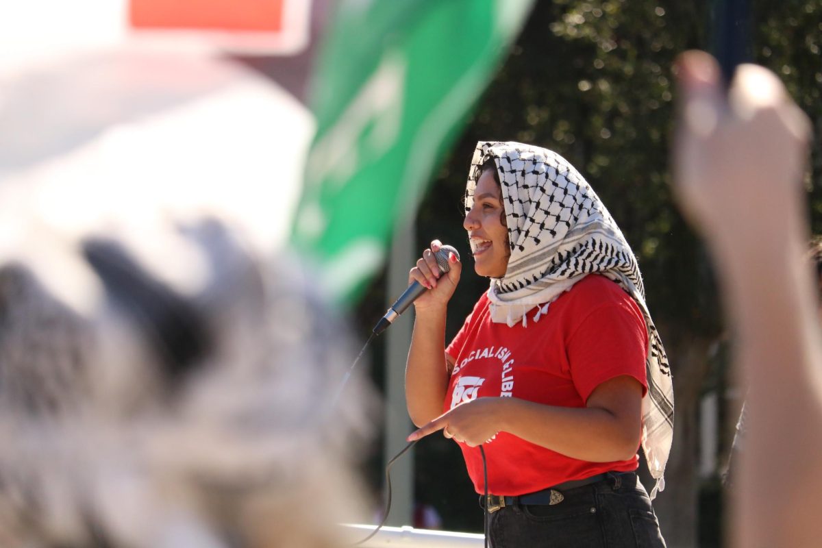 A speaker with the Tucson Party for Socialism & Liberation addresses a crowd of supporters at a walkout for Palestine on the UA Mall Nov. 7. Arizona Palestine Solidarity Alliance and Students for Socialism at UA were some of the organizations in support of the protest.