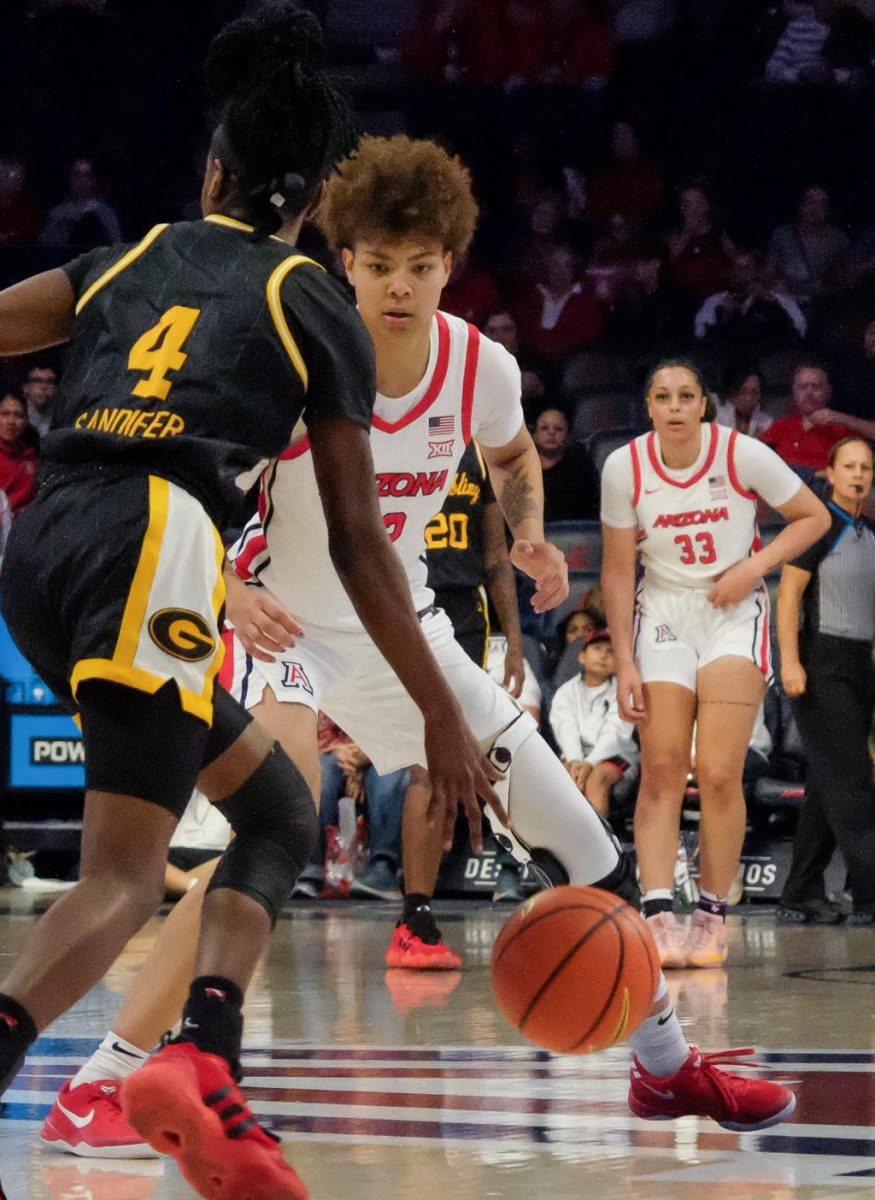 Jada Williams guards Grambling State’s Nicole Sandifer in the first half of the Arizona women’s basketball game against Grambling State on Nov. 23 in McKale. The Wildcats struggled to hold a lead over Grambling during the first half.