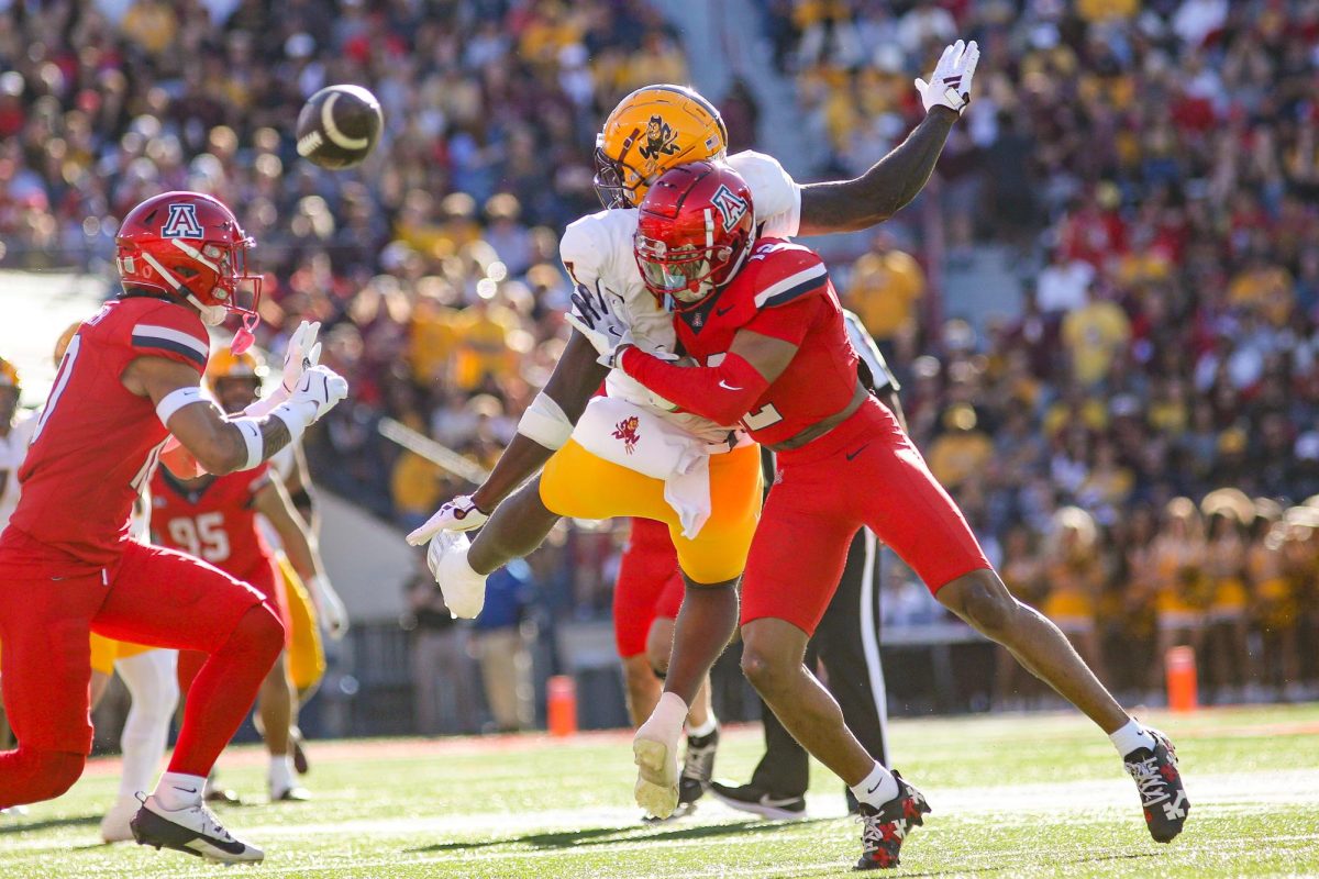 Genesis Smith lays a big hit on an ASU receiver that results in an incompletion during the 2024 Territorial Cup at Arizona Stadium on Nov. 30. Smith finished the game with 10 total tackles, 6 being solo.