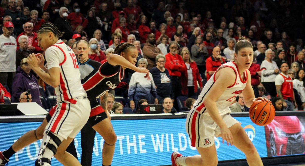 University of Arizona guard Mailien Rolf dribbles down the court during their game against Cincinnati in McKale on Jan. 22. The wildcats started the first quarter strong a 12 point lead. 