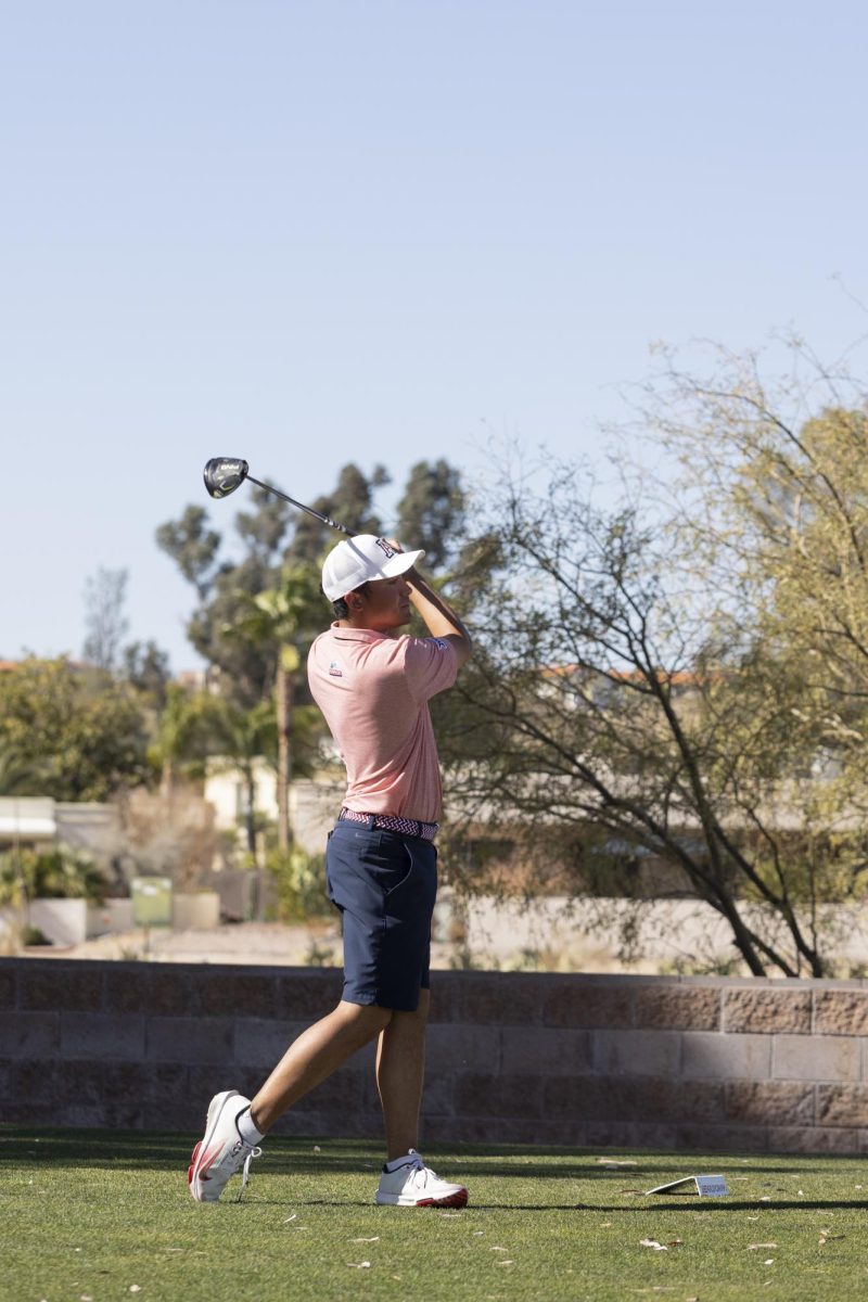 Sophomore, Tianyi Xiong makes a drive during the NIT men's tournament on Feb. 4 at Omni Tucson National. Xiong had eight birdies during the final round of the tournament.