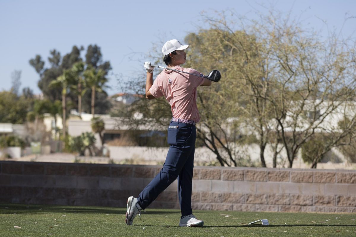 Sophomore, Tianyi Xiong makes a drive during the N.I.T. men's tournament on Feb. 4 at Omni Tucson National. Xiong had eight birdies during the final round of the tournament.
