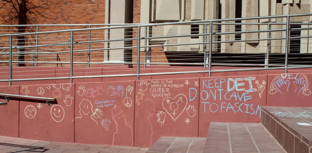 Chalk messages written by students at the administration building on Feb. 27. Students of the U of A were protesting against the university's changes to the DEI order and writing statements along the staircase and ground around the building.