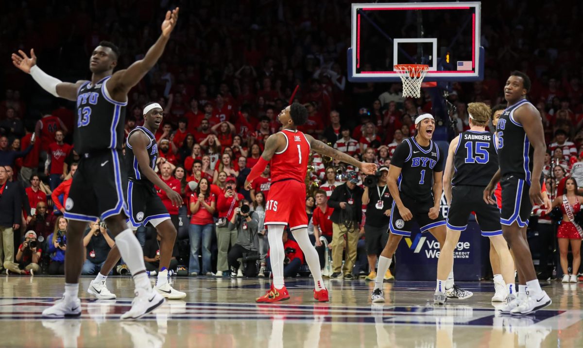 BYU celebrates just after beating Arizona at home in McKale Center on Feb. 22. This was the third loss at home this season for the Cats.