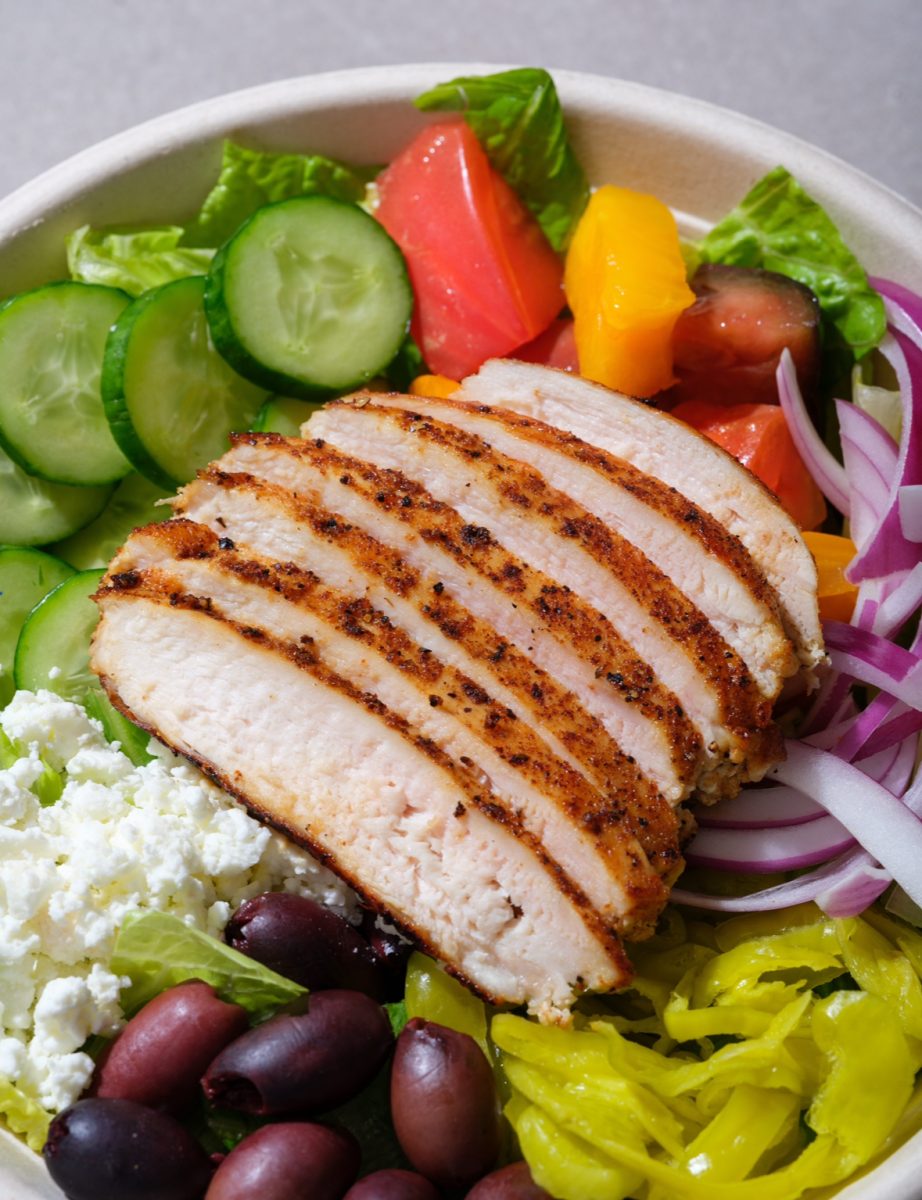 Angie’s Prime Grill Fresh Cut Greek Salad with antibiotic and hormone-free chicken costs $6.79. (Courtesy of Angie’s Prime Grill)