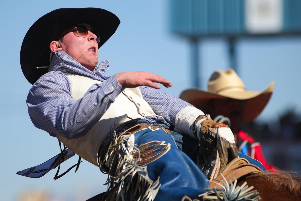 Roedy Farrell looks to exit after making a qualified ride atop Unleashed at the Tucson Rodeo on Feb. 23. Farrell scored an 88 for this ride.