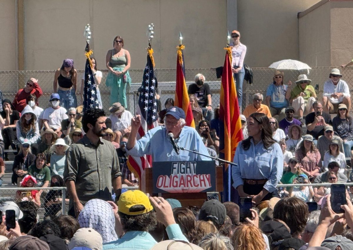 Bernie Sanders, Alexandria Ocasio-Cortez and Greg Casar speak at the Fight Oligarchy rally at Catalina High School on March 22 in Tucson. They speak about influence billionaires and corporate interests have within the government and emphasize fighting for democracy.