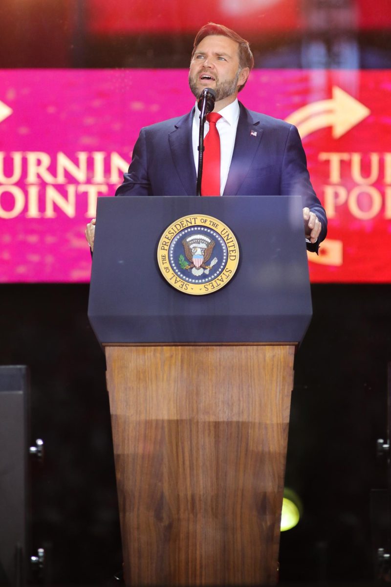 J.D. Vance delivers remarks during Sunday's Charlie Kirk Memorial in State Farm Stadium in Phoenix.