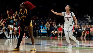 Guard Sumayah Sugapong celebrates after she makes a three-pointer in McKale Center in Tucson, Ariz., on Nov 16. 