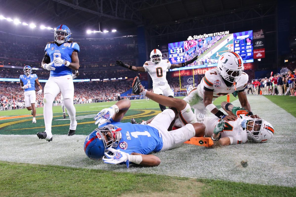The final play of the 2026 Fiesta Bowl is broken up in the end zone to send Miami to the National Championship in State Farm Stadium in Glendale, Ariz. on Jan. 8.