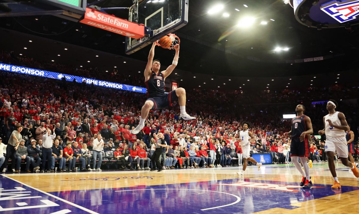 Ivan Kharchenkov puts down a breakaway dunk against BYU on Feb. 18 in McKale Center at ALKEME Arena.