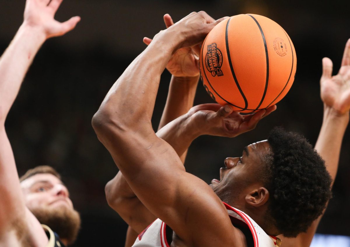 Tobe Awaka fights to put up a shot during Arizona's Elite 8 matchup against Purdue on March 28 in SAP Center in San Jose.