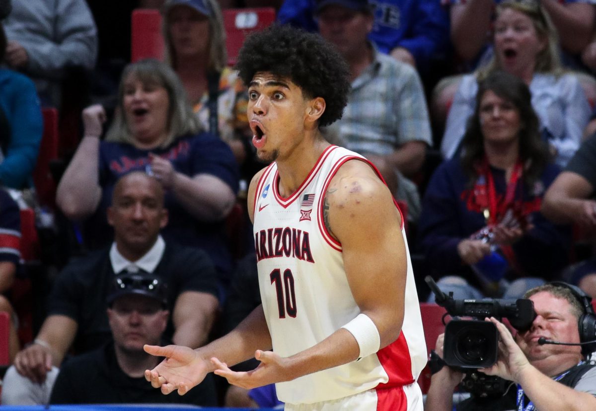 Koa Peat reacts to a foul call against Arizona in Viejas Arena in San Diego on March 22.