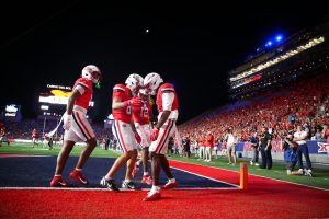 Chris Hunter III celebrates after a touchdown against NIU on Sept. 19 at Casino Del Sol Stadium.