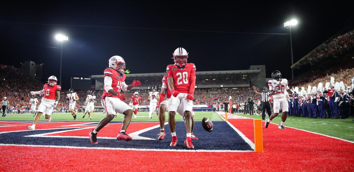 Caleb Smith celebrated his 69 yard punt return touchdown against NIU on Sept. 19 at Casino Del Sol Stadium.