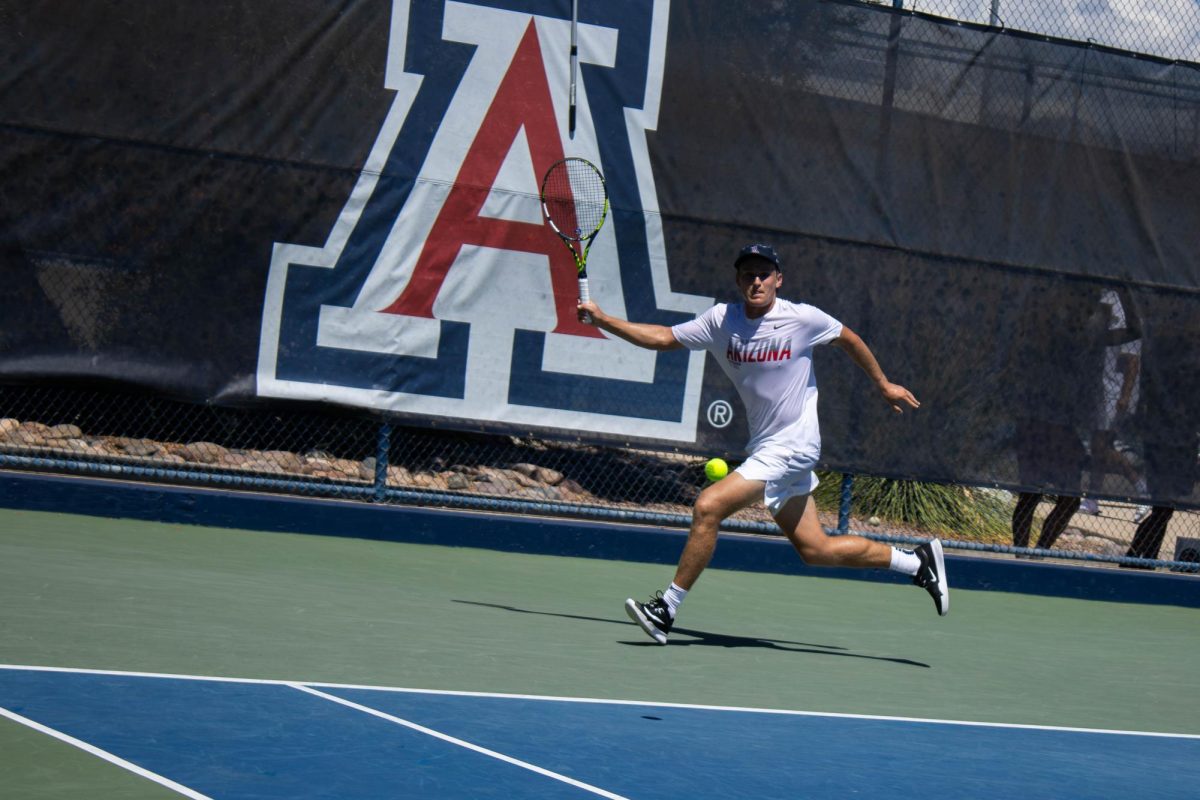 University of Arizona senior Cole Stelse returns the ball during championship game for his bracket at The Kinlen & Vivian Gee Wildcat Invite.