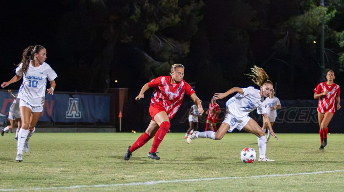 Ella Weathersby battles a UNC player for the ball at Mulcahy Stadium on Sept. 3.