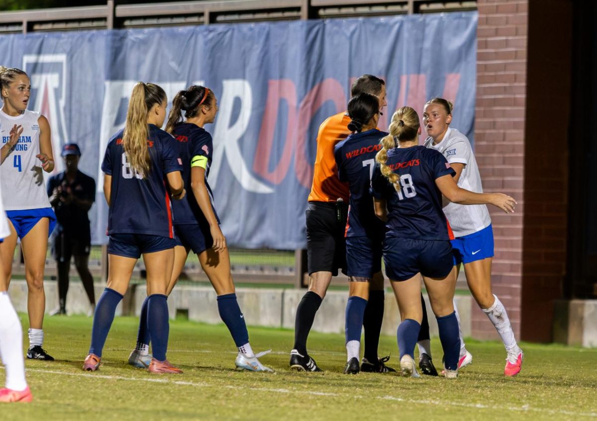 Lainey Swanson yells at a BYU defender after she scores the first and only goal for
the U of A on Sept. 18 at Mulcahy Stadium