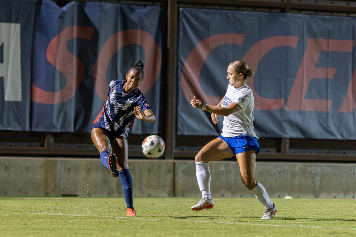 Aranda Hurge clears a critical ball against BYU on Sept. 18 at Mulcahy Stadium.