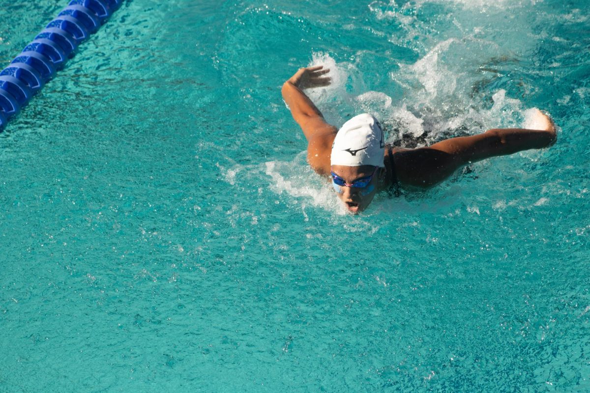 Claire Christie swims the women's 200 yard butterfly during the Red v. Blue intrasquad meet at the Hillenbrand Aquatic Center of Oct. 2.